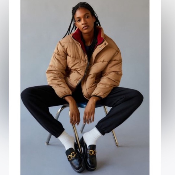 UO '90s Sport Puffer Jacket Tan Brown Fleece Lined Hooded WOMEN’s size XL - Picture 1 of 7